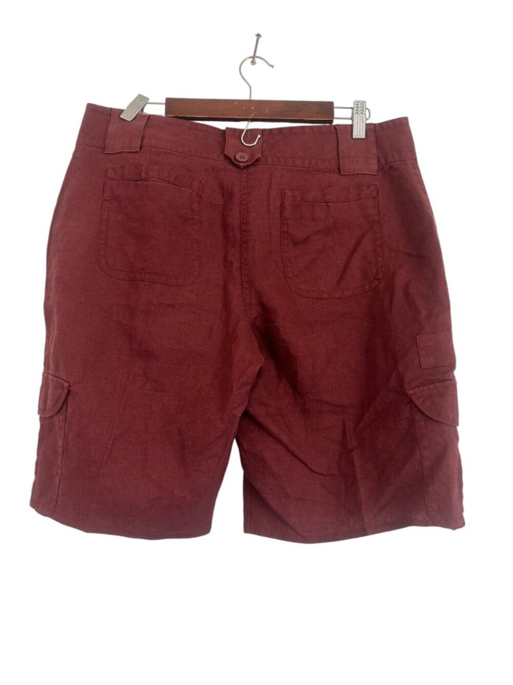 Cabi Linen Cargo Bermuda Shorts Womens 12 Burgundy Coastal Relaxed Fit Resortwea
